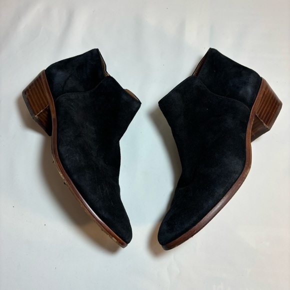 SAM EDELMAN Sz 9 Suede Booties Brown Stacked Heel Almond Toe Low Top Ankle Boot - Picture 5 of 9